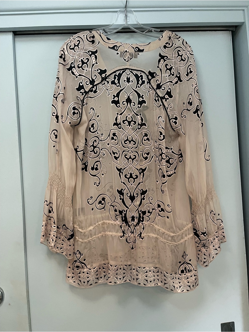 Hale Bob Silk Sheer Lace-Up Tunic M Cream Black Romantic Boho 70% Silk - Picture 3 of 10